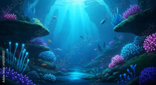 Fototapeta Naklejka Na Ścianę i Meble -  A vibrant underwater coral reef landscape teeming with life and colorful formations,Sunlit underwater scene of a coral reef with diverse marine life and captivating coral formations