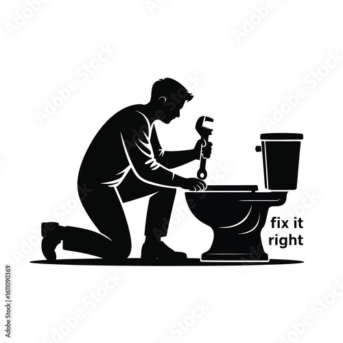 Plumber fixing toilet silhouette isolated on white background