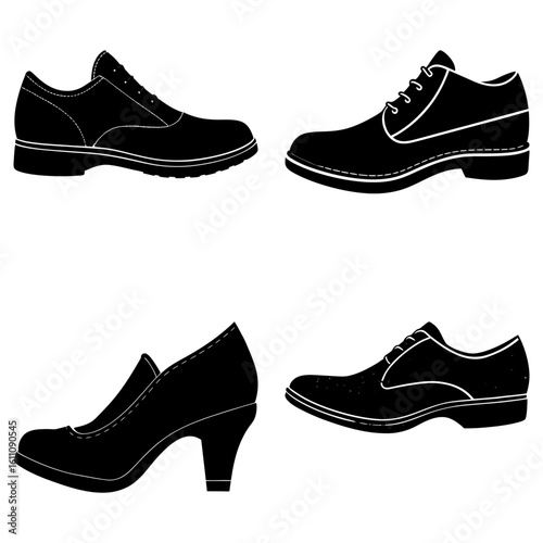 Illustration showing four different styles of footwear including dress shoes and a high heel shoe