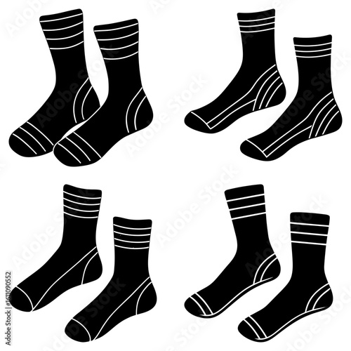 Illustration of four pairs of black socks with different stripe patterns on a white background design