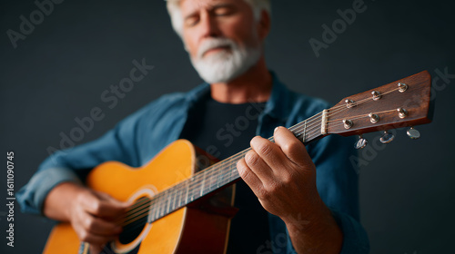 Older man playing acoustic guitar indoor setting closeup artistic view