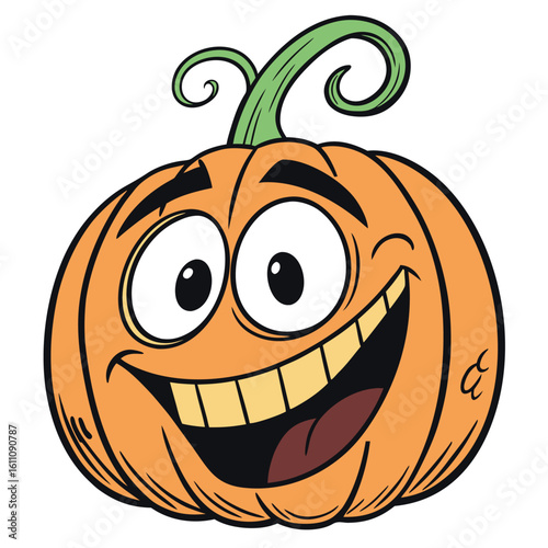 Cheerful orange pumpkin cartoon with green swirls is smiling widely on a white background