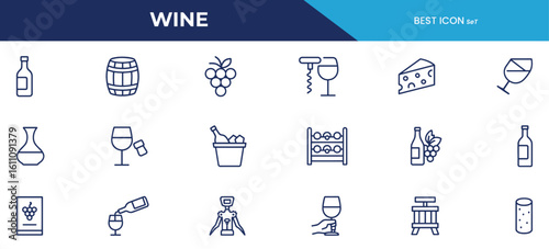 Wine Line Icons – Vector Pack Featuring Wine Glasses, Bottles, Barrels, Grapes, Corkscrews, and Wine Accessories in Minimalist Outline Style