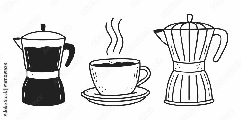 Fototapeta premium Minimalist Cafe Aesthetic: Black and White Sketches of Coffee Utensils and a Mug, Displayed on a String