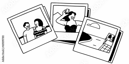 Scattered Polaroid-Style Photos: Hand-Drawn Black and White Doodles Depicting Vacation Memories and People

