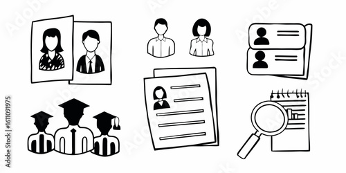 Doodle Set for Talent Acquisition: Whimsical Drawings of People Profiles, Educational Backgrounds, and Candidate Screening
