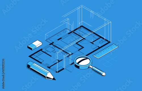 Flat plan drawing with pencil, floorplan residential house or apartment blueprint implementation, 3D isometric vector illustration, interior design project house construction embodiment.