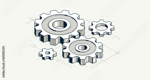 Mechanical engineering concept, gears and cogs with project drawing draft isometric 3D vector illustration, cogwheels system technology and technics machinery engine.