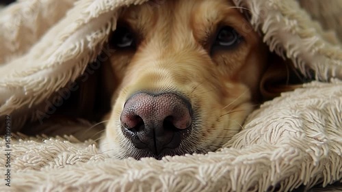Close-up of a golden retriever dog snuggled under a soft, textured, beige blanket