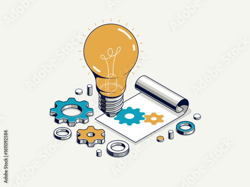 Innovation, invention and solution concept, light bulb with gear vector 3D isometric illustration or icon, technology and technics, mechanical engineering.