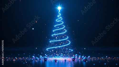 Luminous Blue Abstract Christmas Tree with Sparkling Particles on Dark Background - Futuristic Holiday Celebration, Technology, Festive Light Display