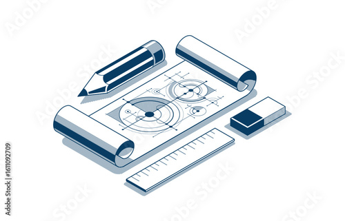 Engineering project concept, paper document blueprint engineer work vector 3D isometric illustration, abstract draft drawing, cad technical plan.