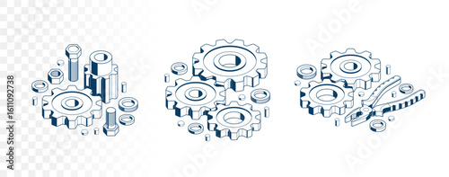 Repair and maintenance concept set, technics service, gears and tools in 3D isometric projection vector illustration, technical mechanical workshop.