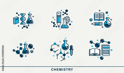 Chemistry vector detailed icons set, molecules and flasks laboratory experiment, science theme bundle.