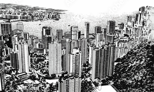grunge city background with tall skyscraper buildings black and white vector illustration