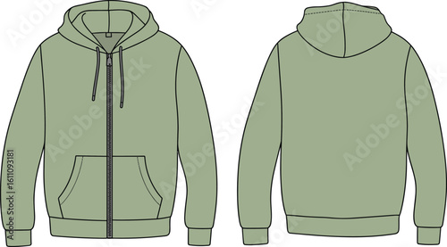 Cad drawing flat vector illustration, zip-up hoodie front back view, casual sweatshirt design, hooded jacket technical sketch, sporty outerwear garment, fashion apparel blueprint