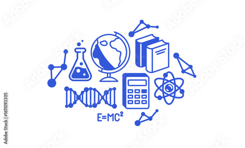 Science vector detailed icon, molecules and atoms laboratory experiment, book university study, flask and tube experiment.
