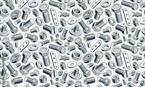 Bolts and nuts seamless background, repair and maintenance workshop tiling wallpaper, mechanic technics service endless pattern, elements easy to use separately.