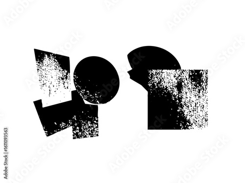 Vector Abstract figures in monochrome interact with geometric shapes.