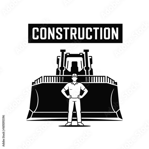 Construction worker in front of bulldozer silhouette isolated on white background