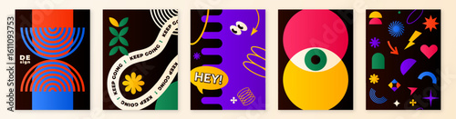 Pattern background set with minimal geometric shapes, vector illustration. Graphic design gradient elements with retro line, simple form, figure, arch