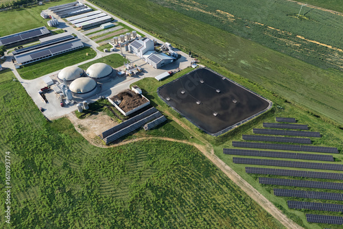 Aerial view of biogas plant using renewable energy for biomethane production
