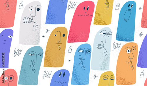 Funny weird ghosts seamless background, vector nasty cartoon characters tiling wallpaper, elements easy to use separately.