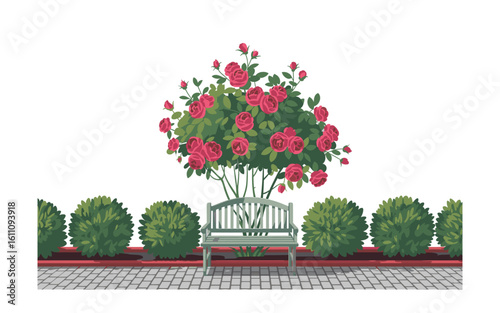 Park Bench Under Rose Bush Illustration: Serene Garden Scene with Blooming Roses, Shrubs, and Textured Pavement for Peaceful Outdoor Concepts