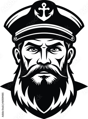 Monochrome illustration of a bearded sea captain wearing a hat with anchor