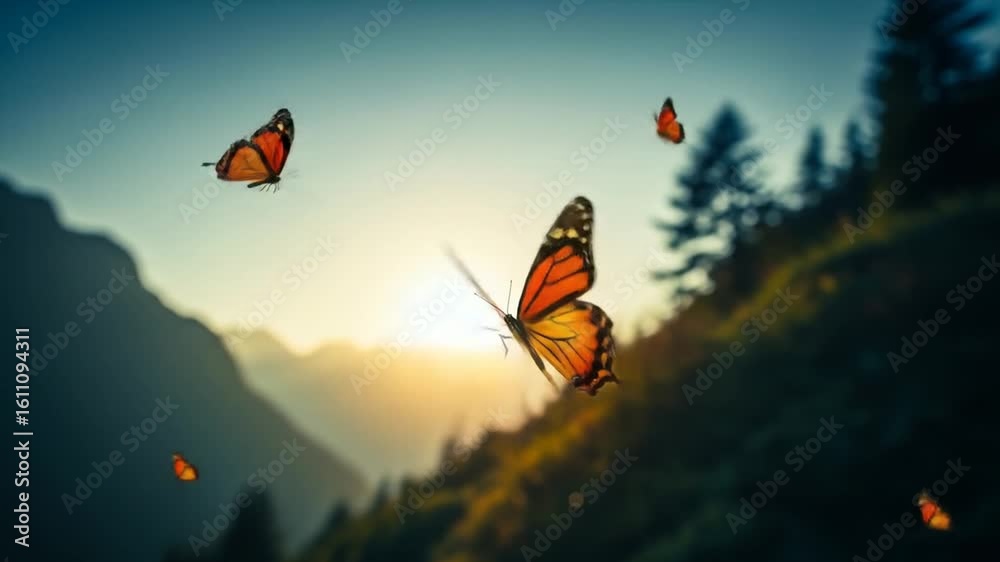 Monarch Butterflies Soar in Summer Mountain Sunset Monarch Butterflies Soar in Summer Mountain Sunset