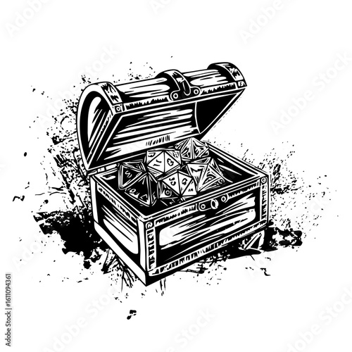 Vector Vintage treasure chest overflowing with polyhedral roleplaying game dice.