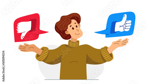 Young man is choosing between different reactions in social media, vector illustration of a person in doubt between different responses when communicating online.
