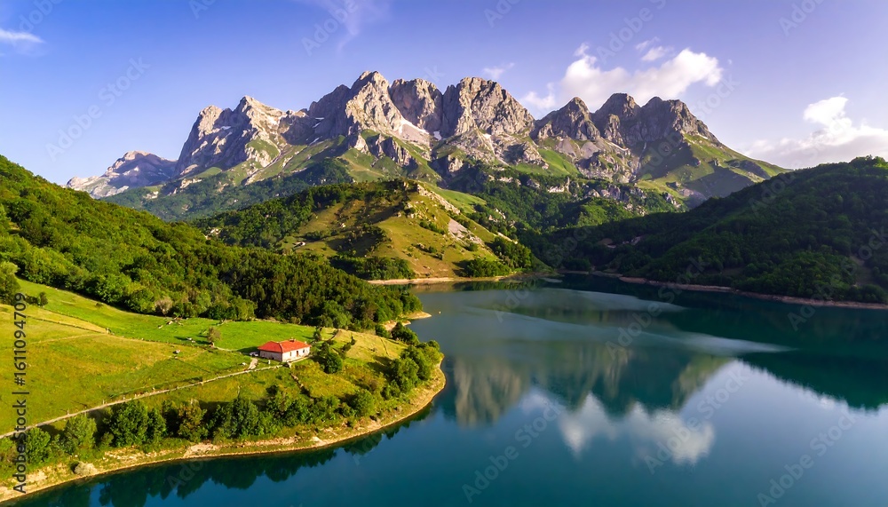 Fototapeta premium Aerial View of Plav Lake with Rugged Mountain Backdrop in Montenegro