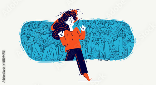 A person takes a step out of a comfort zone of social relations, vector illustration of marginality or personal development.