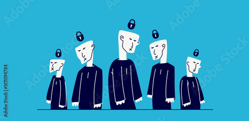 Social zombies vector concept, matrix and mind control, psychological dictatorship and totalitarian society and state, tyranny and restrictions, killing individuality.
