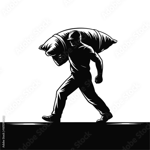 Man carrying a heavy sack silhouette isolated on white background