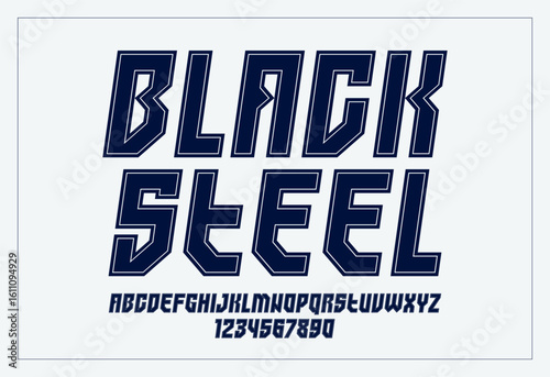 Urban italic massive geometric font for logos and emblems, minimal strong vector typeface, typography with no round elements, only corners and straight lines geometry