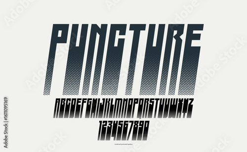 Halftone dotted futuristic cyberpunk font for logos and posters, vector brutal industrial typeface alphabet letters and numbers, urban technic future typography, italic version.