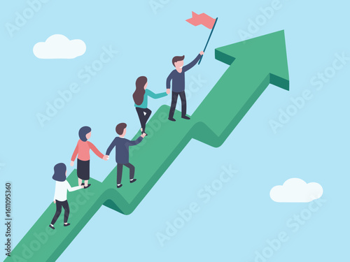 Teamwork and Collaboration Leading to Success Climbing Upward on a Green Arrow