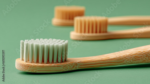 Close-up of a bamboo toothbrush,mint green background,minimalist