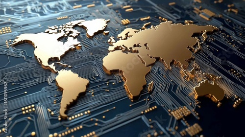 Fototapeta Naklejka Na Ścianę i Meble -  Microelectronic Circuitry Illustrates World Map for Integration 