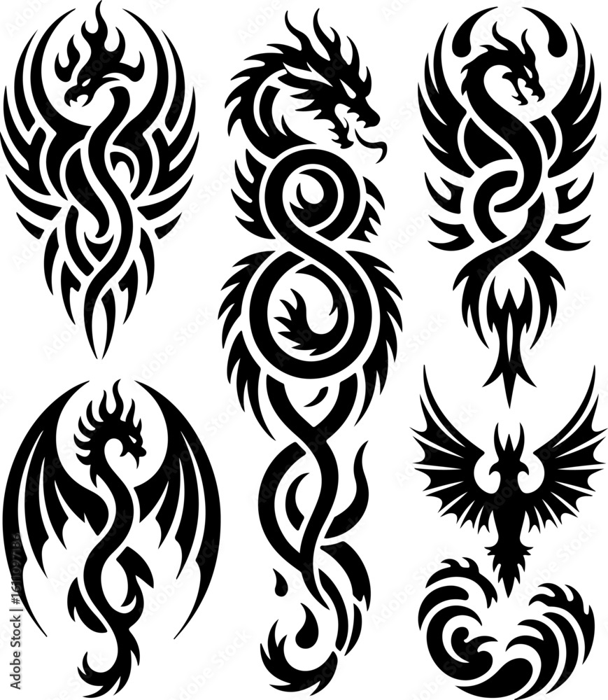 Fototapeta premium Tribal Dragon and Phoenix Tattoo Designs vector bundle