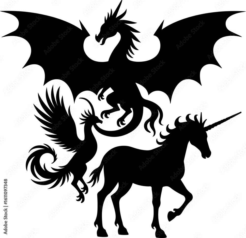 Fototapeta premium Tribal Dragon and Phoenix Tattoo Designs vector bundle