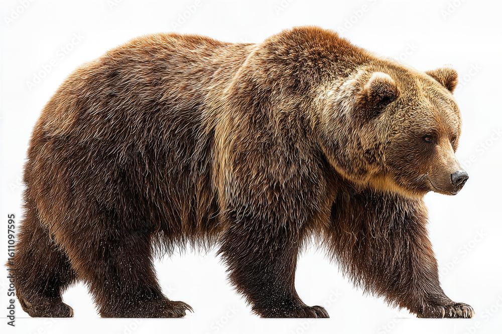 Fototapeta premium A magnificent and powerful Brown Grizzly Bear walking, showcasing its thick fur and majestic presence, a true symbol of the untamed wilderness and raw nature. 