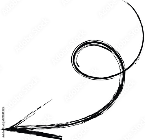 A stylized black arrow with thick strokes curves dramatically. It features a sweeping loop at the top before pointing sharply to the left. The strokes are textured and bold