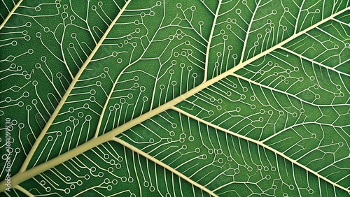 Green technology concept showing intricate circuit board lines merging into the vein pattern of a plant leaf.