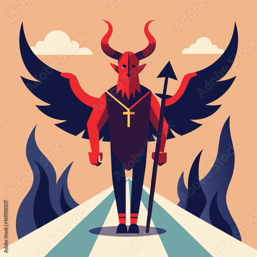 Vector cartoon illustration of a woman caught between a devil and an angel, with a silhouette of a demon in the background and fireman art