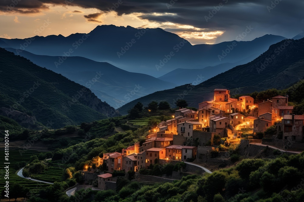 Obraz premium Charming village glowing warmly against dramatic mountain backdrop at sunset