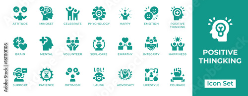 Positive Thinking Icon Set. Features icons of optimism, motivation, mental health, confidence, and mindset. Perfect for wellness, coaching, therapy, and education.