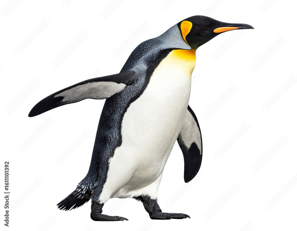 Fototapeta premium Side View of Emperor Penguin Walking with One Foot Raised, Arctic Wildlife Pose, Transparent Background
